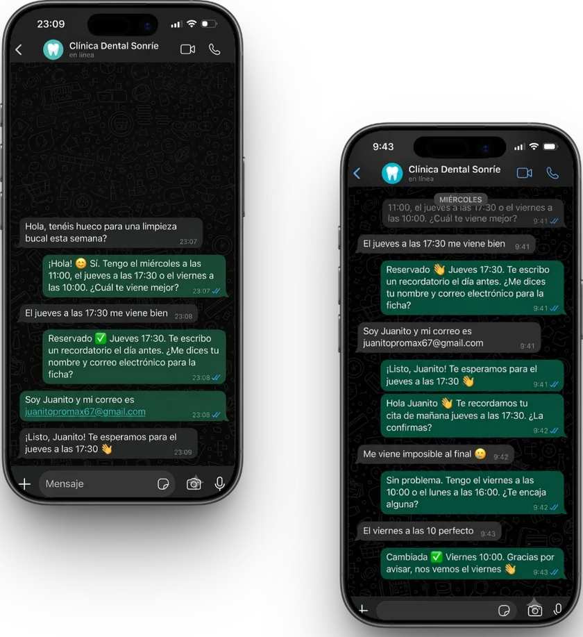 Dos conversaciones de WhatsApp automatizadas de una clínica: reservar una cita y recuperar una que se iba a perder